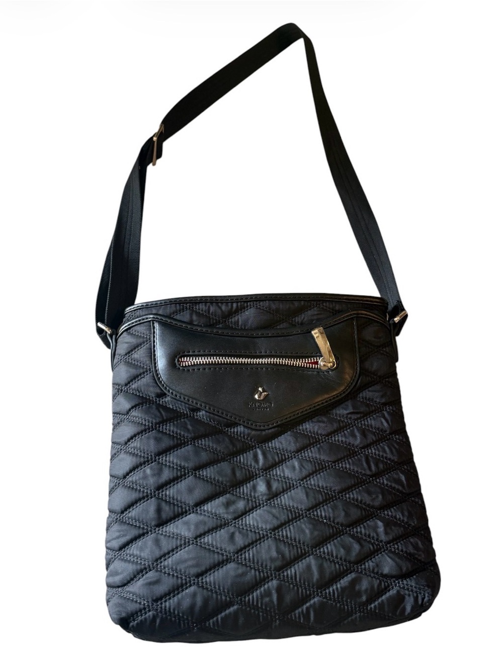 KNOMO London Quilted Black Crossbody Bag with Front Zip Pocket Travel